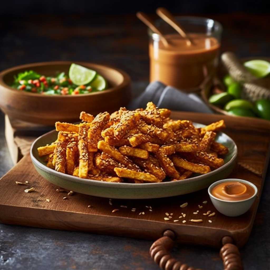 olden crispy tempeh fries served with a peanut butter dressing.