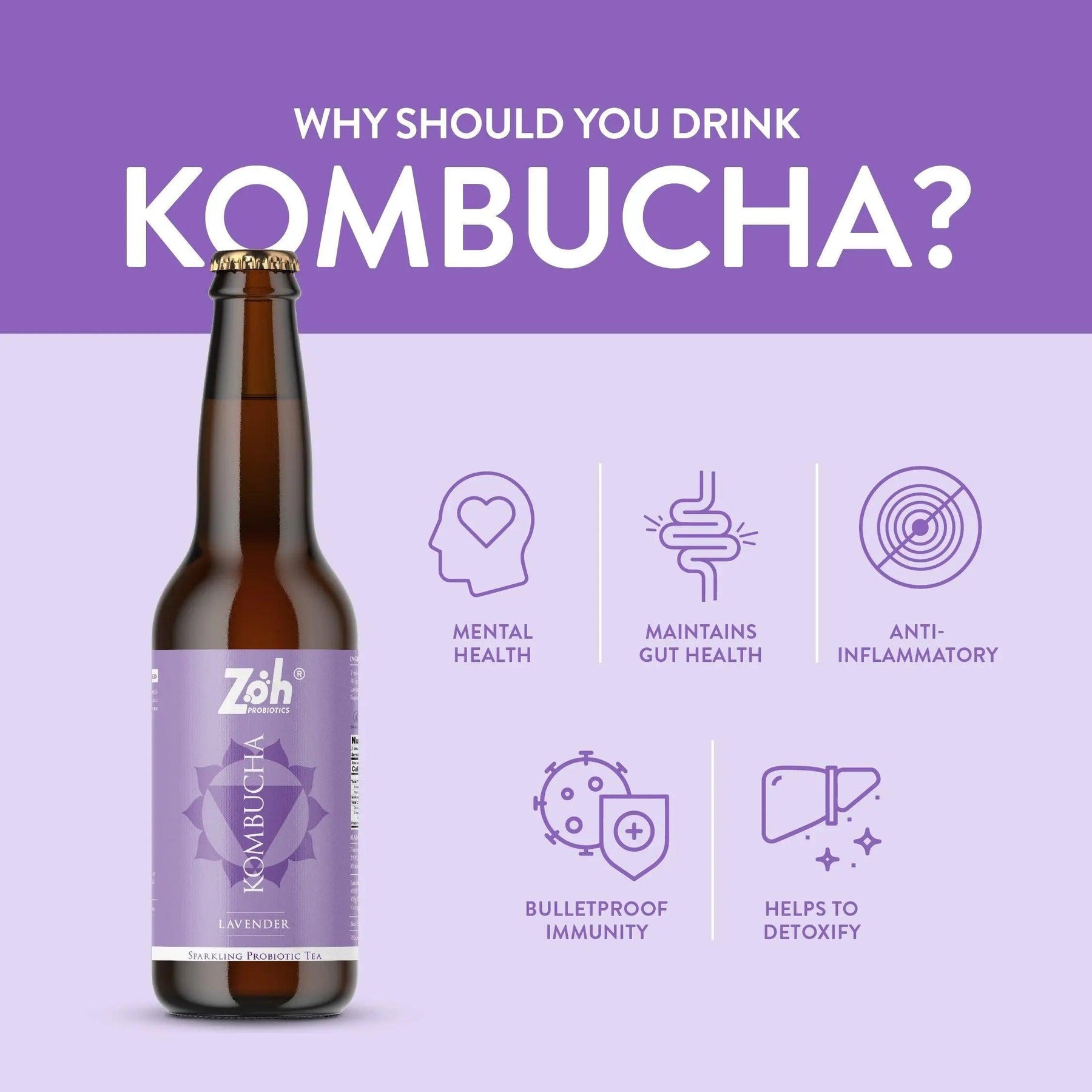 Lavender Kombucha by Zoh: Calm Mind, Gut Wellness, Anti-inflammatory, Immunity Enhancement, Body Detox, India