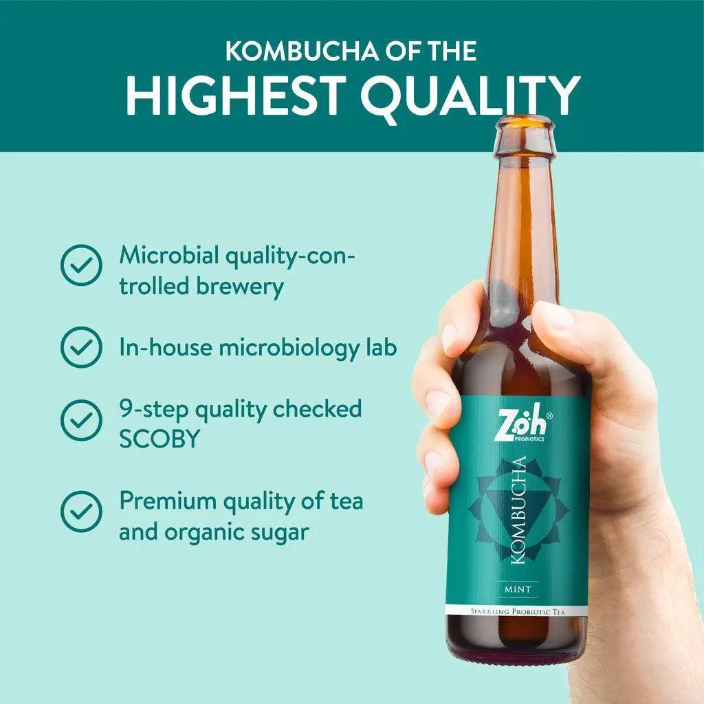 Fresh Mint Kombucha by Zoh: Top Microbial Quality Brewing, In-House Testing, Quality Organic Ingredients - Refreshing & Healthy, India