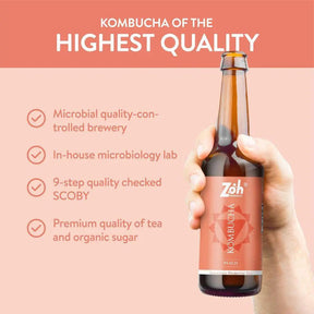 Zoh's Peach Kombucha in India: Microbial-Controlled Quality, 9-Step Checked SCOBY, Premium Organic Tea & Sugar - Best for Gut Health