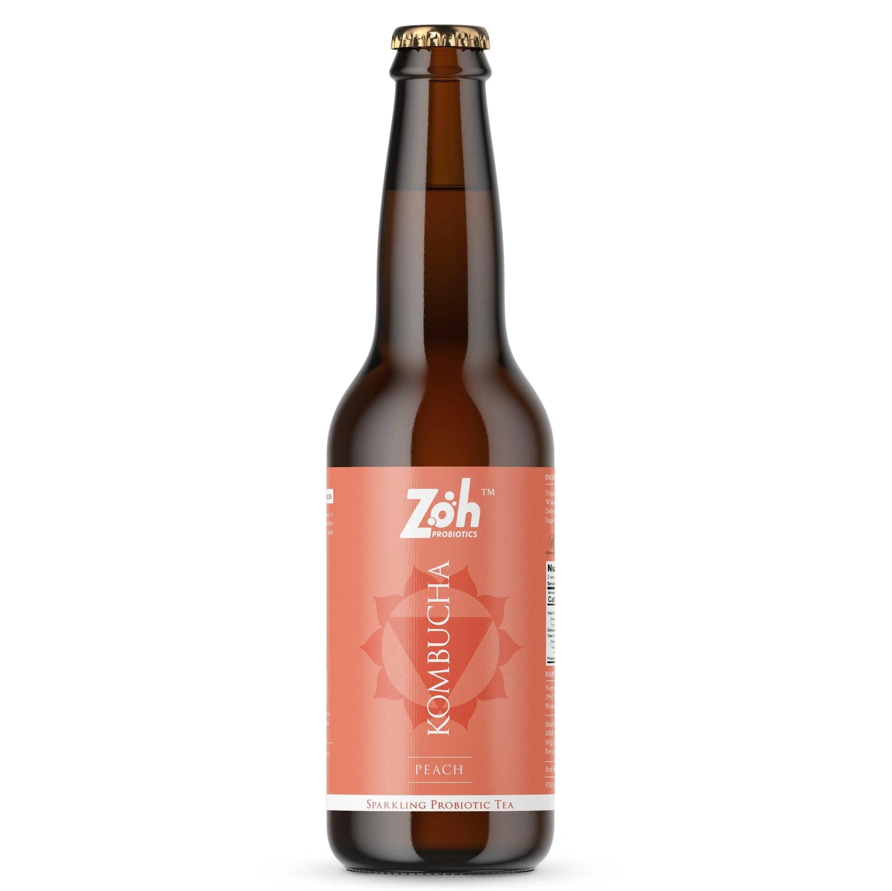 Front View of Peach Zoh Kombucha: Best Probiotic Beverage in India
