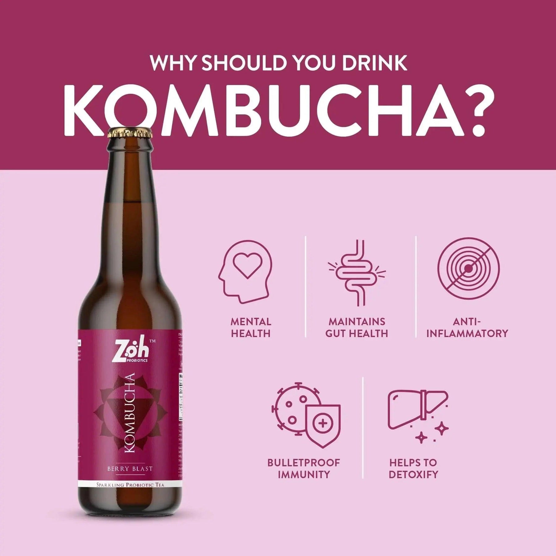 Berry Kombucha Health Benefits by Zoh: Mind & Gut Balance, Anti-inflammatory, Immune System Strengthening, Detox, India