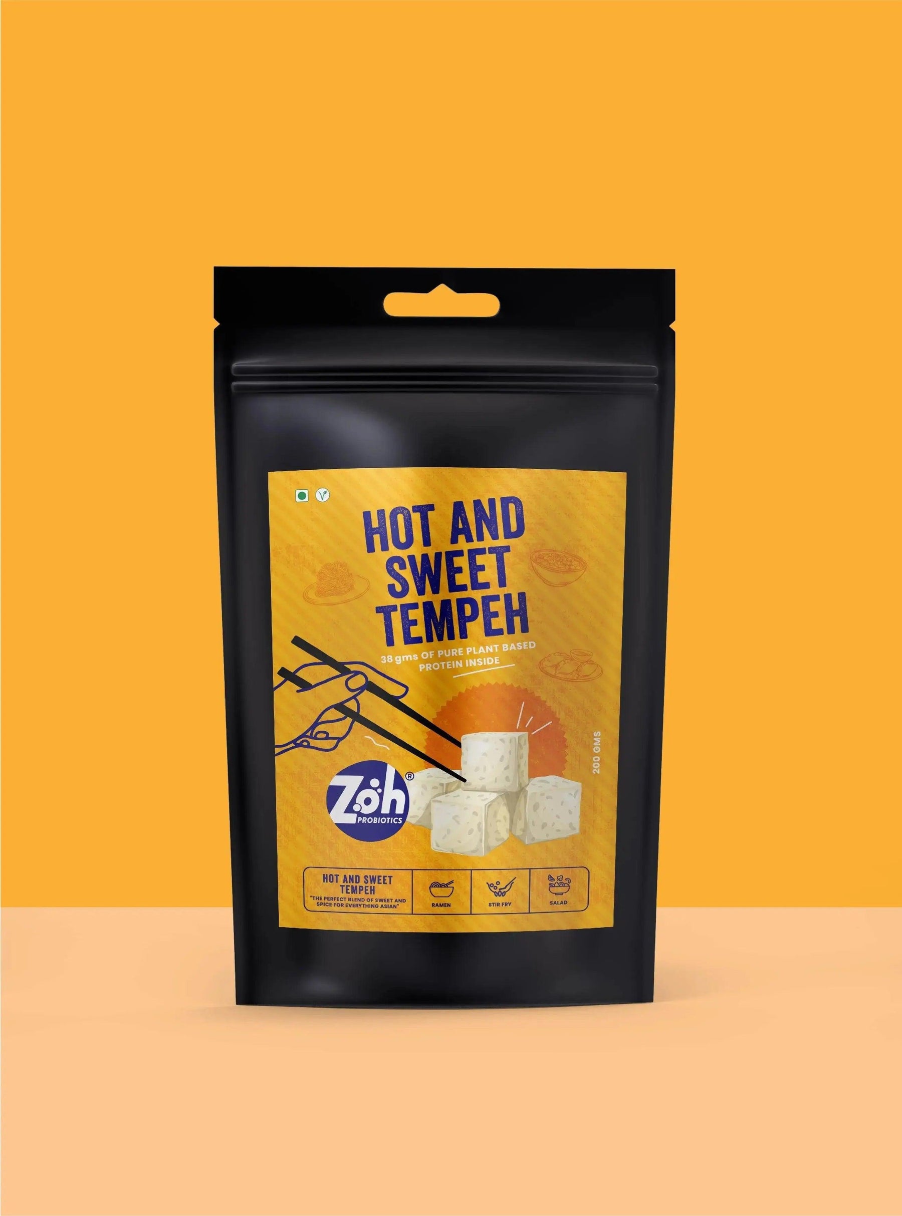 Bulk tempeh Mumbai: Coloured background mock-up of Zoh Hot and Sweet front packaging