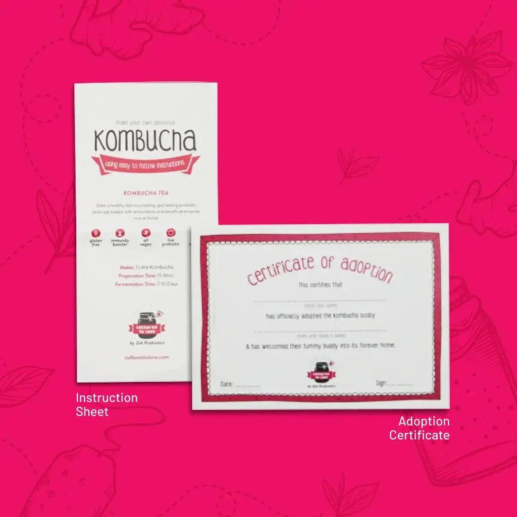 Instruction Sheet and Adoption Certificate for Kombucha SCOBY from Zoh Probiotics