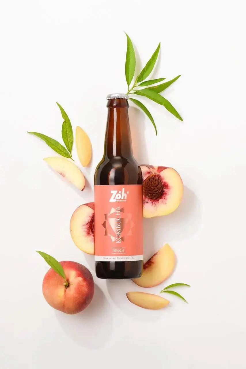 Peach Kombucha by Zoh: Top Shot Hero Image, Ingredients Revealed, Best Probiotic Beverage for Gut Health in India