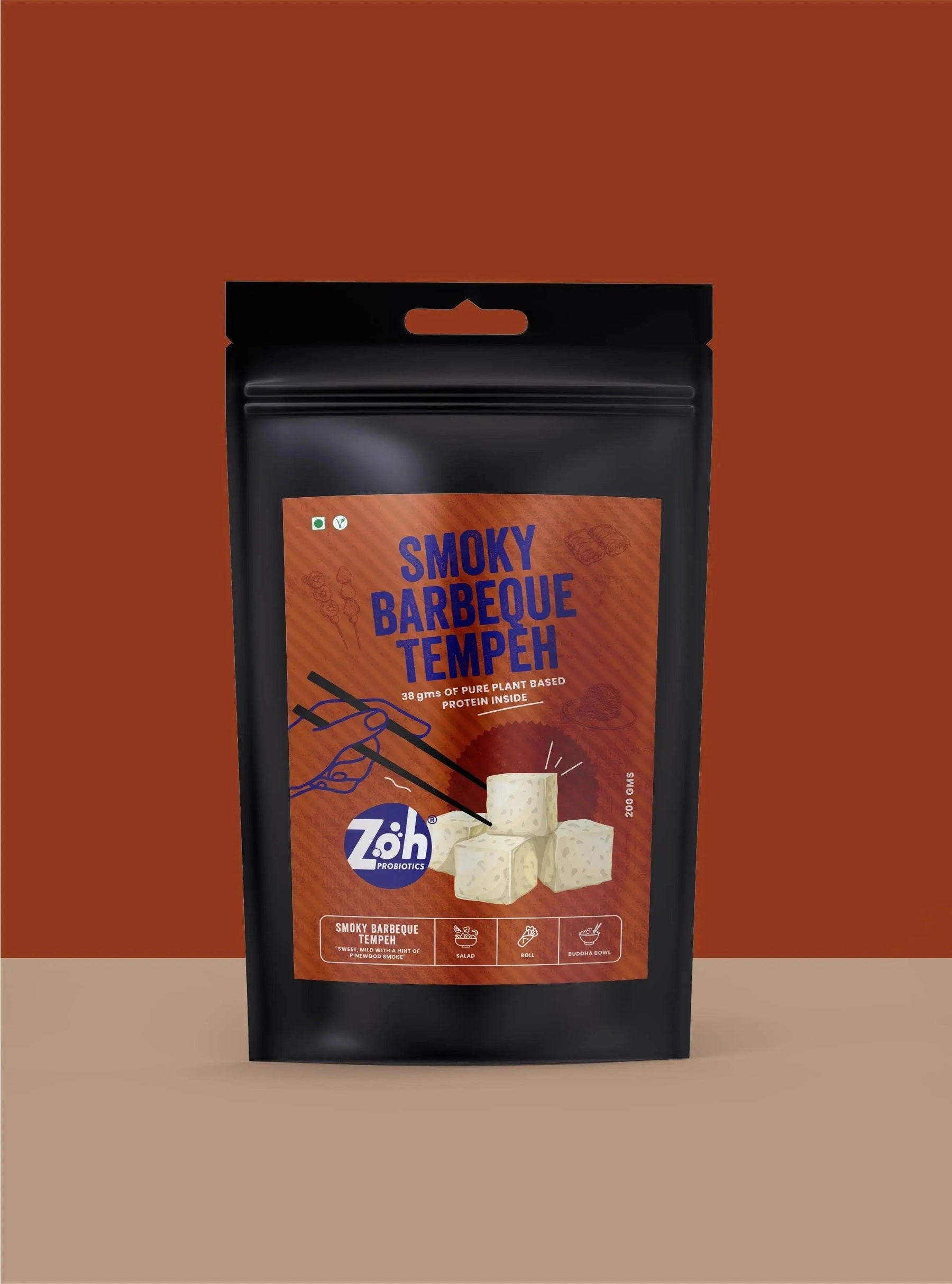 Bulk tempeh Mumbai: Coloured background mock-up of Zoh Smoky Barbeque front packaging